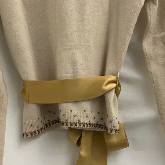 Tan Cardigan Sweater with Beaded Wheat Pattern and Lace Appliqués, Tie Belt (S) - Picture 6 of 15